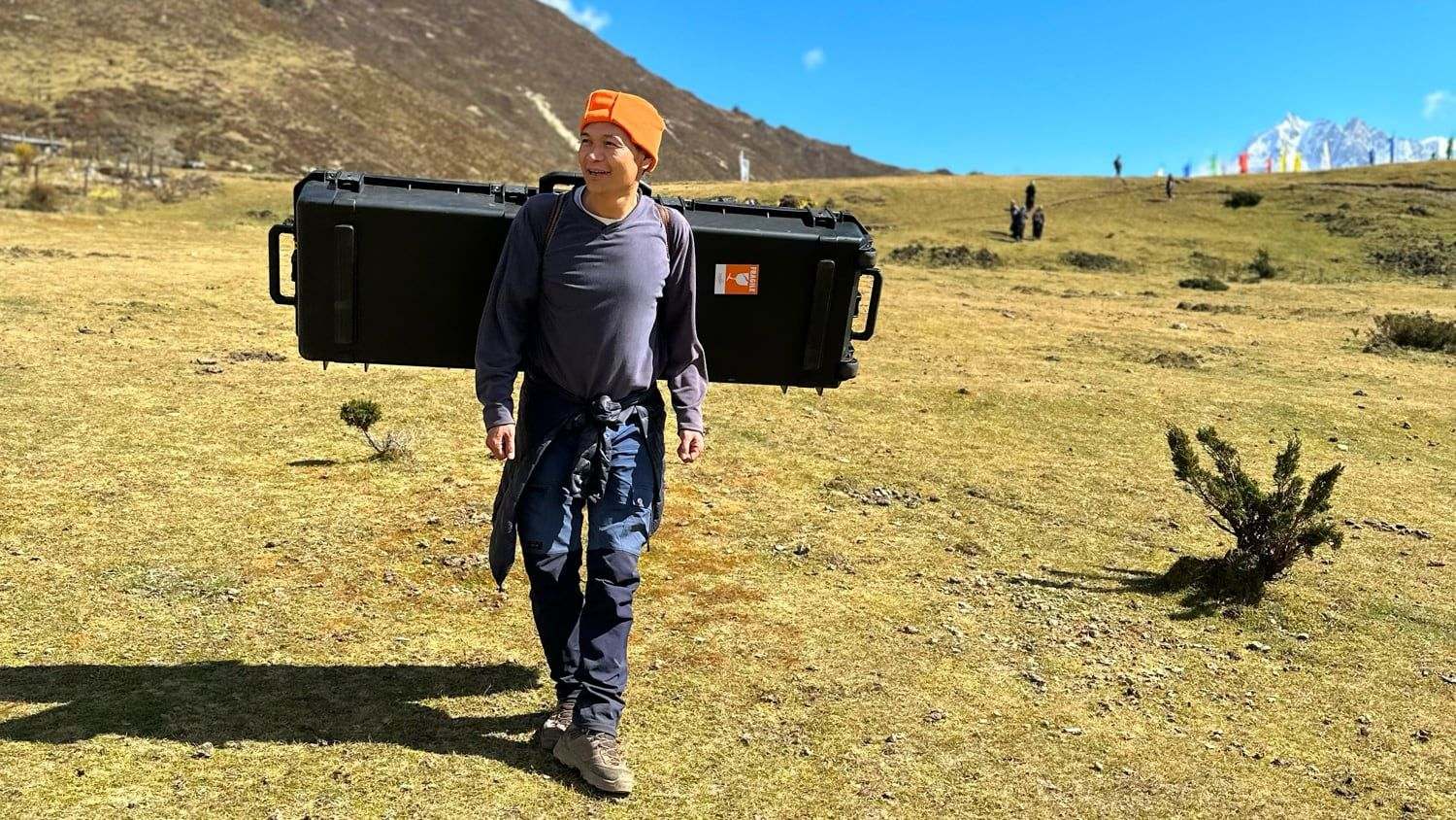 The keyboard carried by hand across the highlands to Laya, Bhutan, five days from the nearest road, during the filming of The Girl and Her Piano