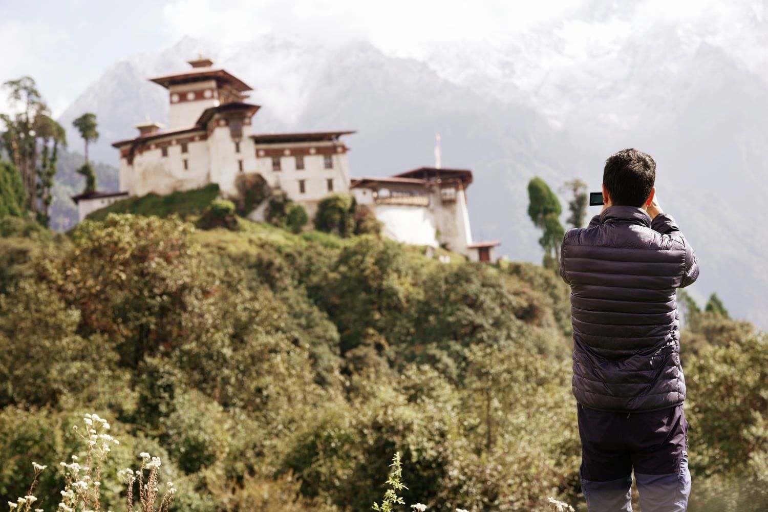 Filming The Girl and Her Piano below Gasa Dzong, on the route into Laya, Bhutan