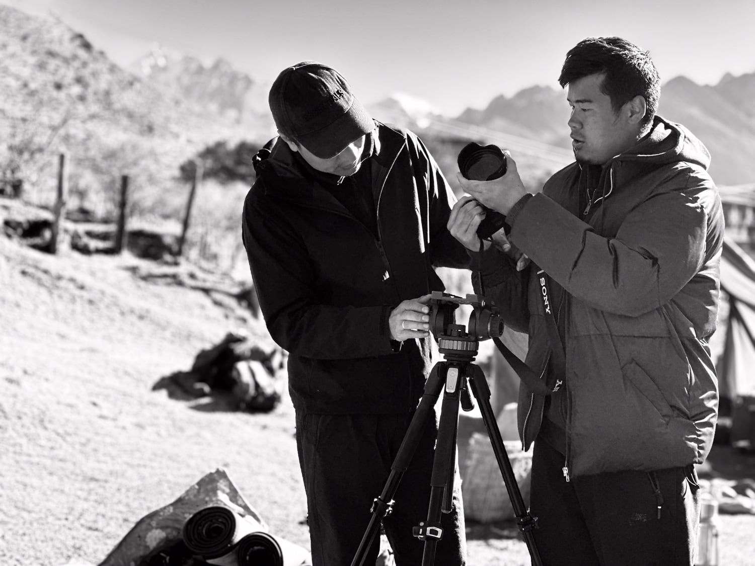 Karma Kencho and Tashi Tobgay filming The Girl and Her Piano in Laya, Bhutan