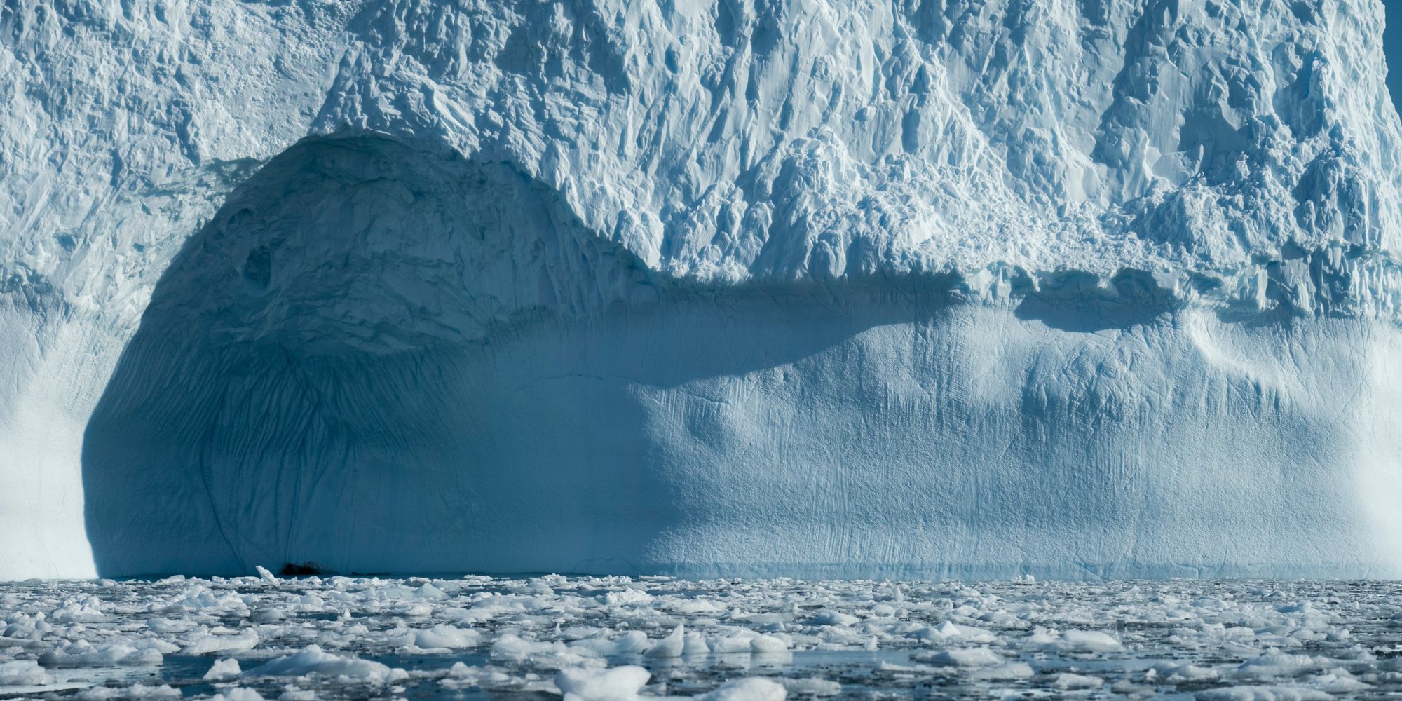 A wall of iceberg, cracked and blue-white, rising sheer out of a sea of broken ice.